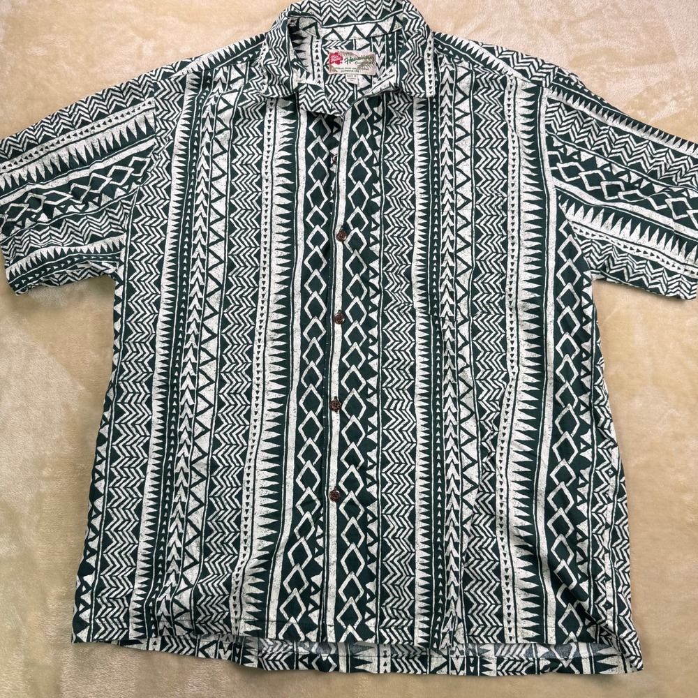 Vintage Hilo Hattie Hawaiian Shirt Mens XL Green‎ White Geometric Print Aloha